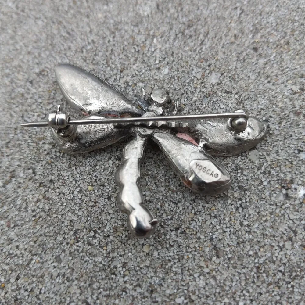 Gerard Yosca Brooch Figural  Vintage Enamel Dragonfly in Silver, Orange + White